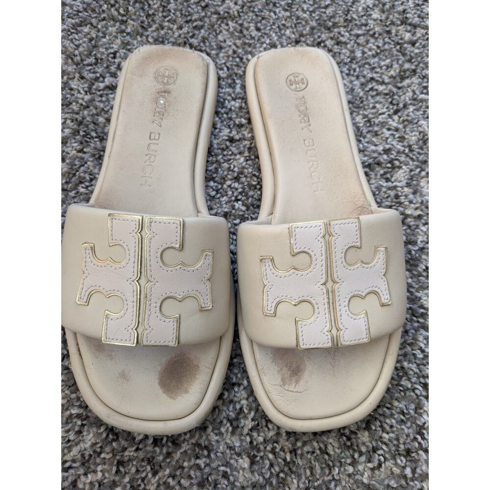 Tory Burch Double T Sport Slide Sandals Womens Size 8M Light Cream White Leather
